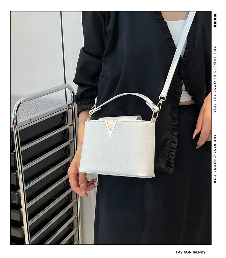 V-Shaped PU Leather Bucket Bag