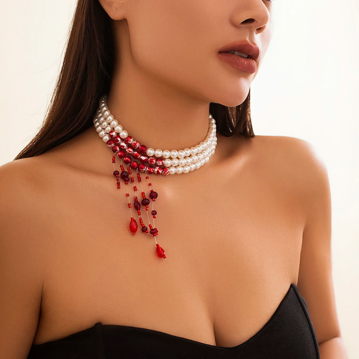 Gothic Red Crystal Tassel Necklace