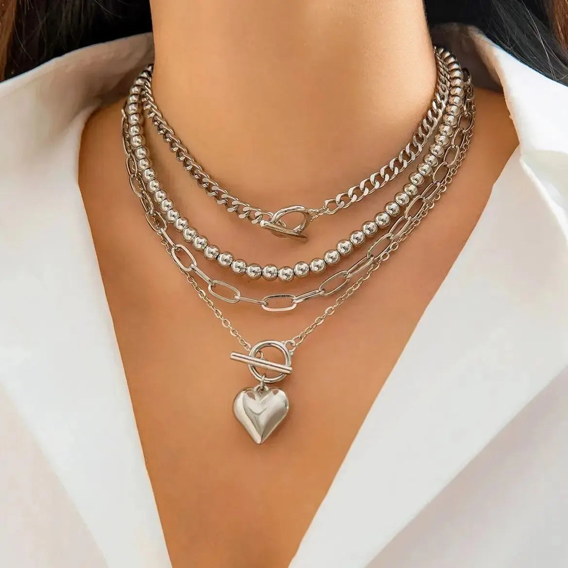 Heart Pendant Layered Necklace Set