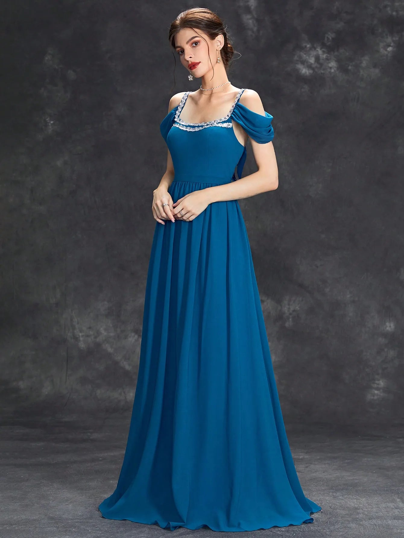 Halter Sequin Pleated Evening Dress