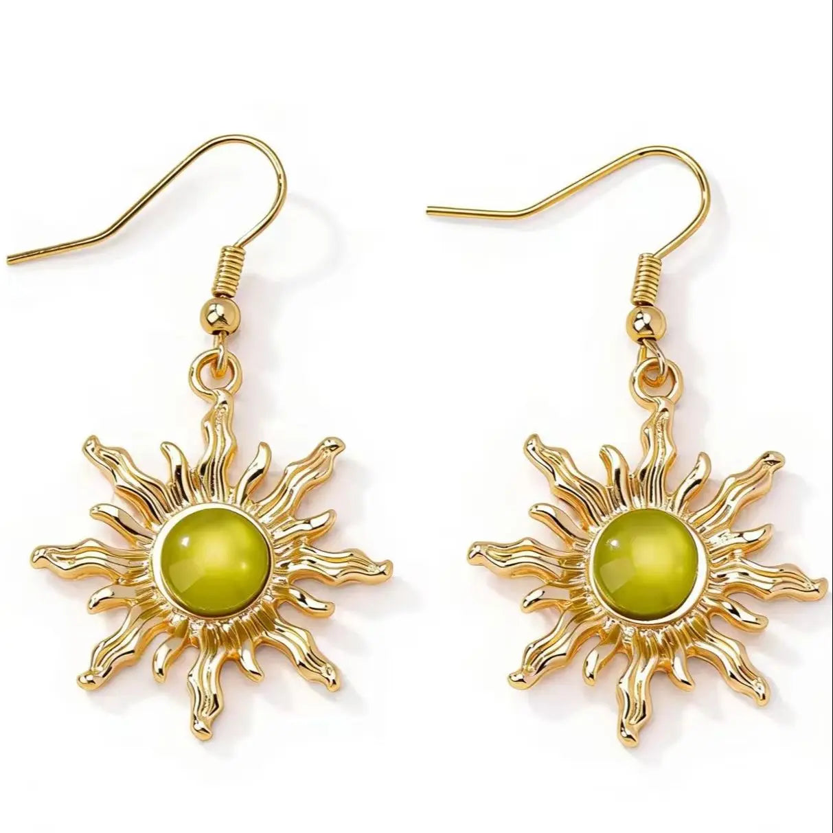 Bohemian Radiant Sun Hook Earrings, Wavy Edge Gold Sun