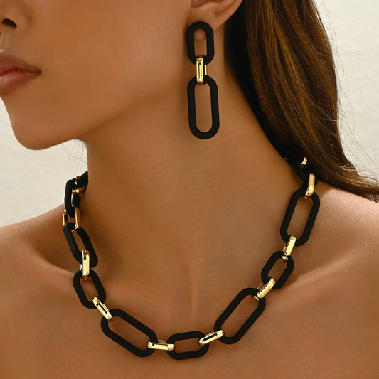 Black Resin Statement Necklace & Earrings Set