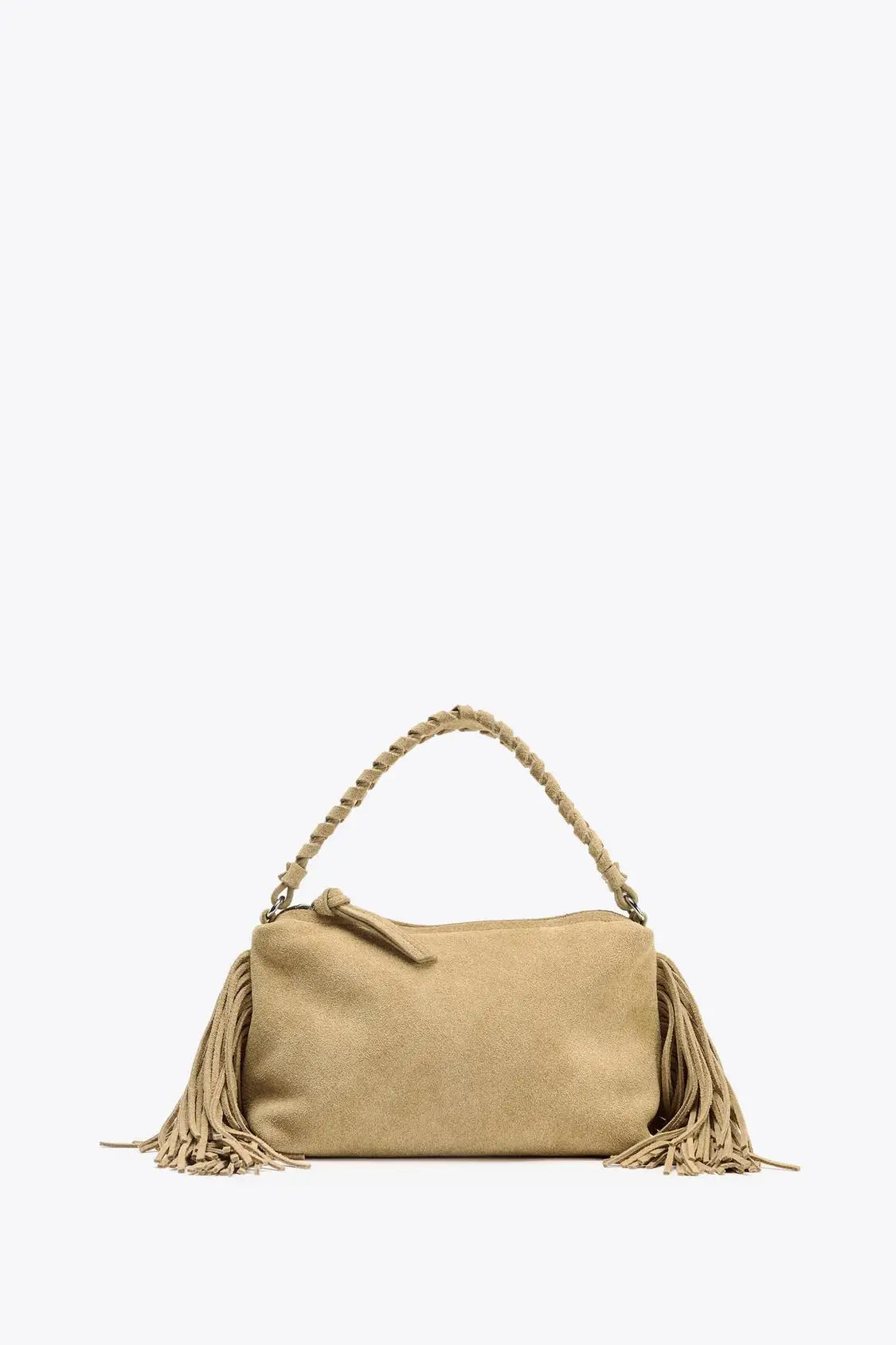 Compact crossbody bag with tassels.