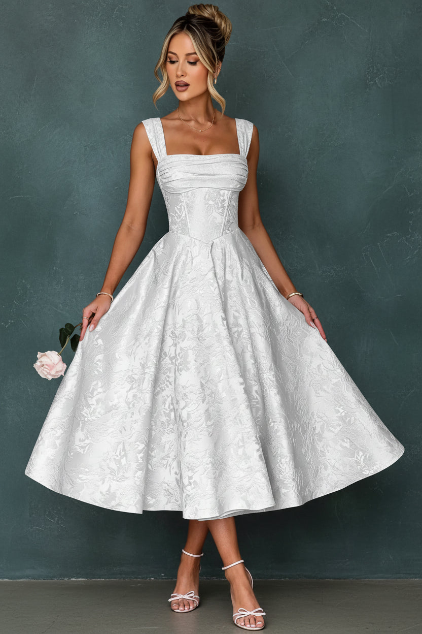 Cap Sleeve Jacquard Prom Dresses for Teens Floral Satin