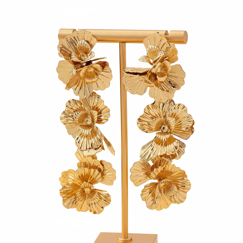 Earrings, Metal Earrings with 3 Flowers, Sweet And, Medium-Length