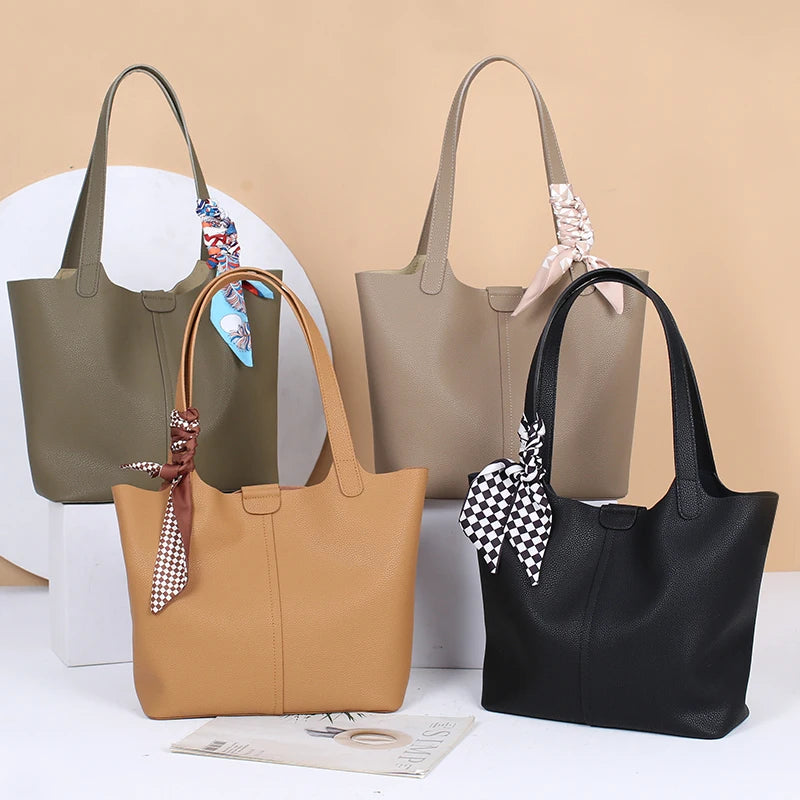 Genuine Cowhide Tote Bag with Pouch