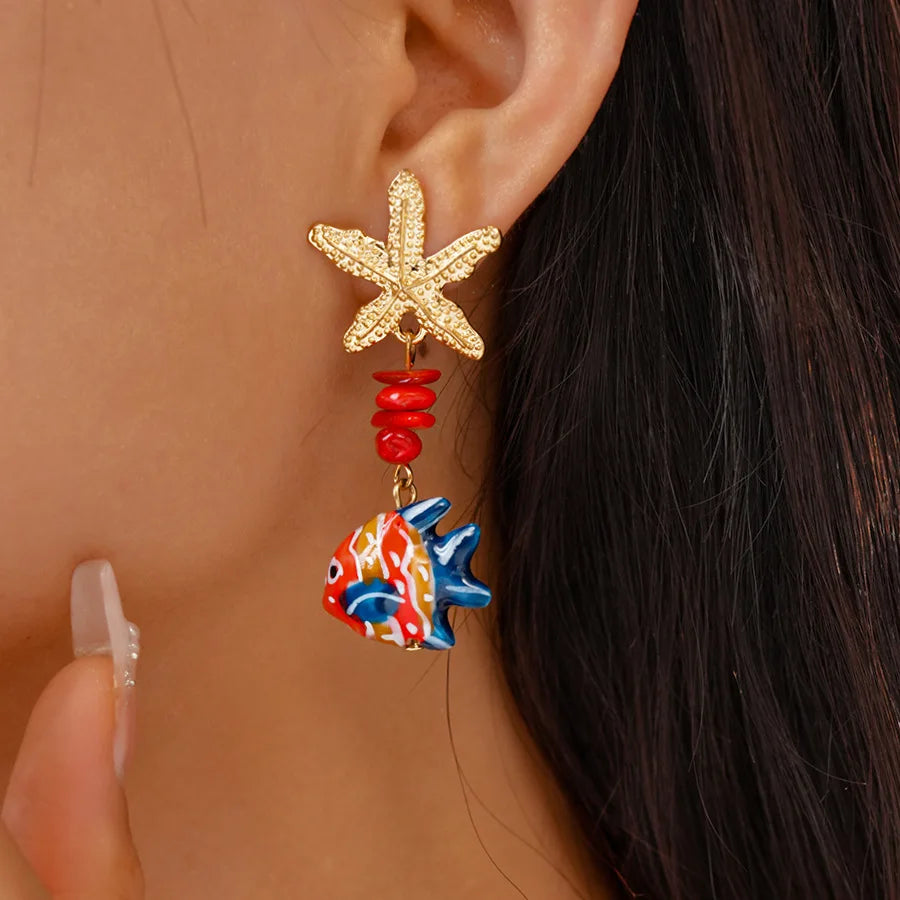 Colorful Ceramic Fish Drop Earrings Starfish Stone Beaded Earrings
