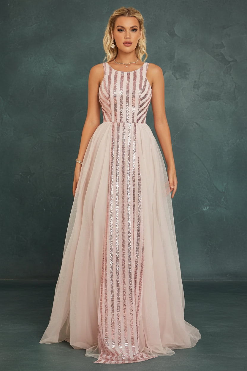 Sequin Mesh A-Line Evening Gown