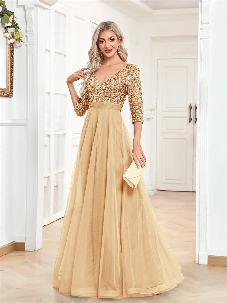 Gold Tulle V-Neck Evening Gown