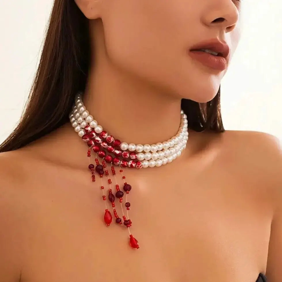 Gothic Red Crystal Tassel Necklace