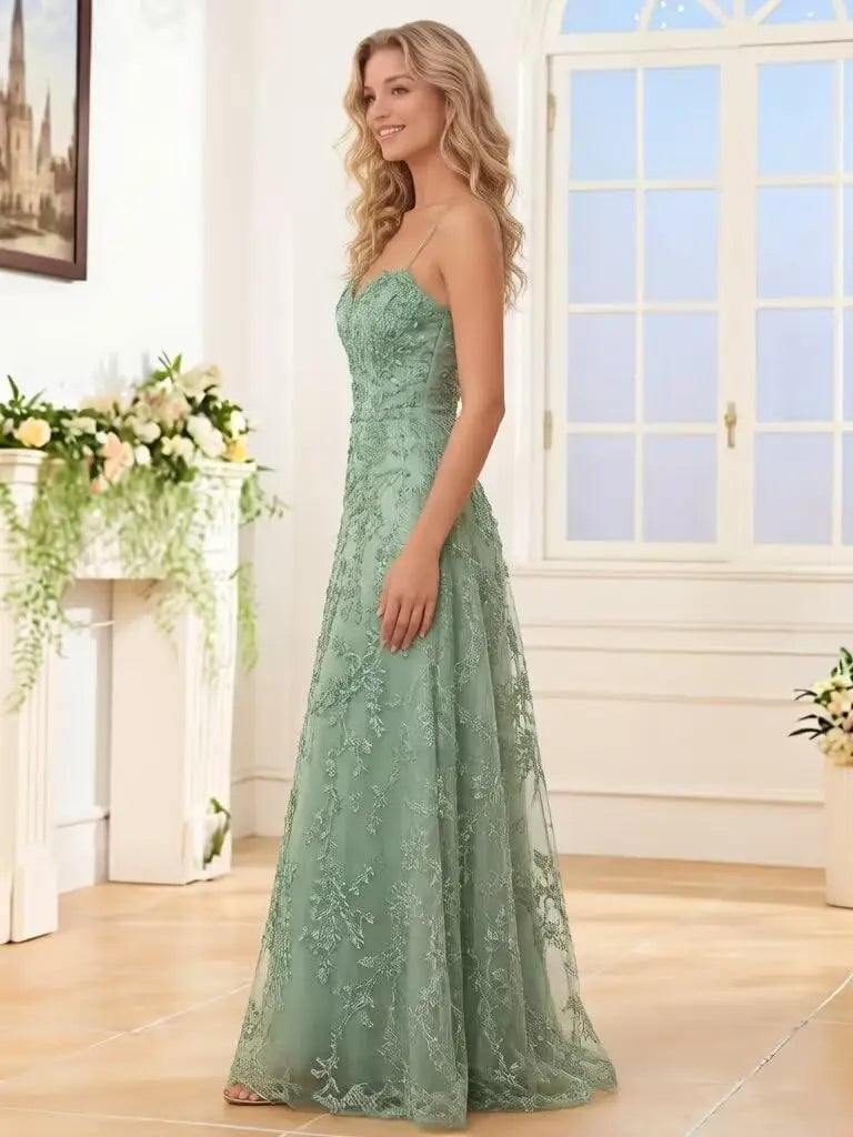 Tulle Formal Dress Laces Spaghetti Strap Sparkly Prom Dress