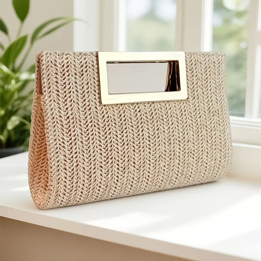 Elegant Striped Woven Clutch, Metal Handbag W/ Removable Chain