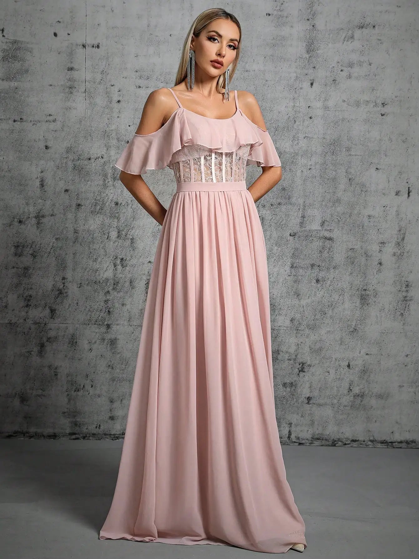 Lace Mesh Ruffle Sleeve Maxi Dress