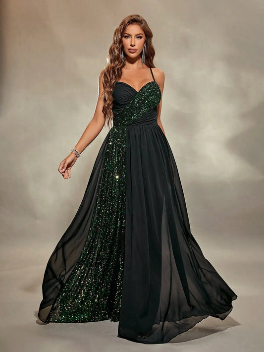 Sweetheart Neck Chiffon Sequin Evening Gown