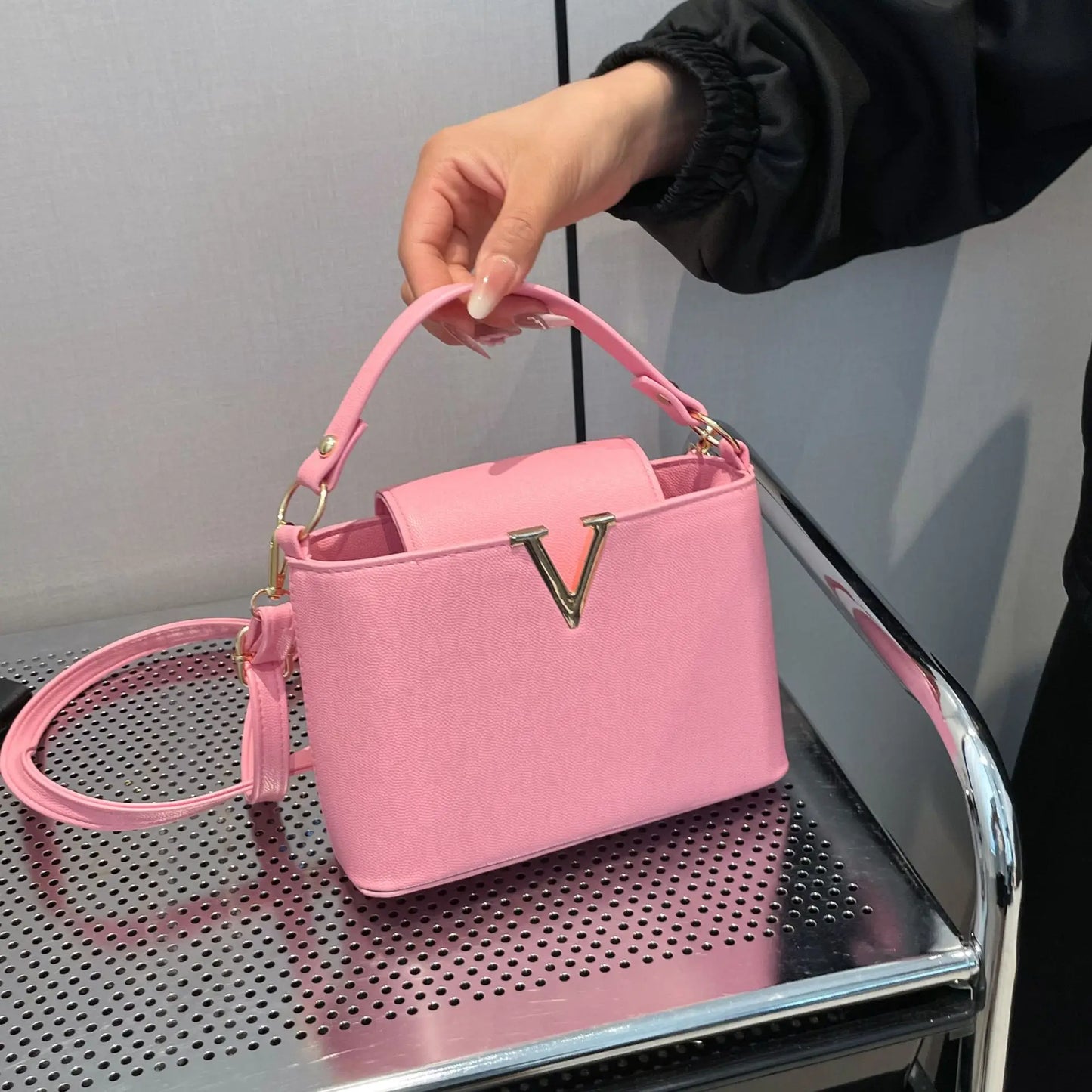 V-Shaped PU Leather Bucket Bag