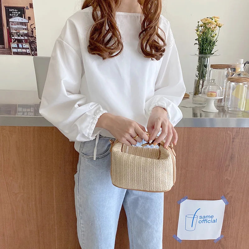 Summer Small Straw Handbag Shoulder Bag Woven Bucket Crossbody