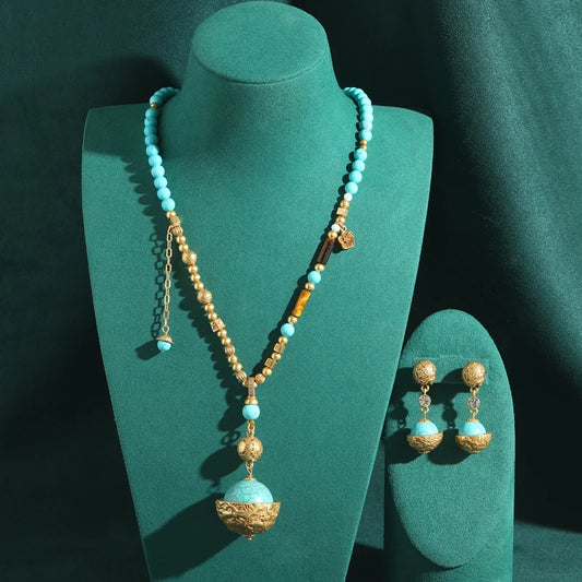 Vintage Turquoise Beaded Necklace & Earrings Set