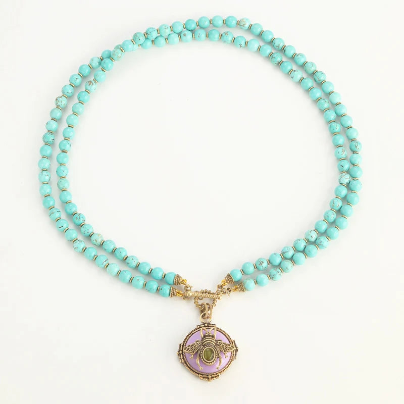 Vintage Green Natural Stone Double-layer Bead Purple Bee Pendant Necklaces for Women Antique Jewelry Party Accessories New 2025