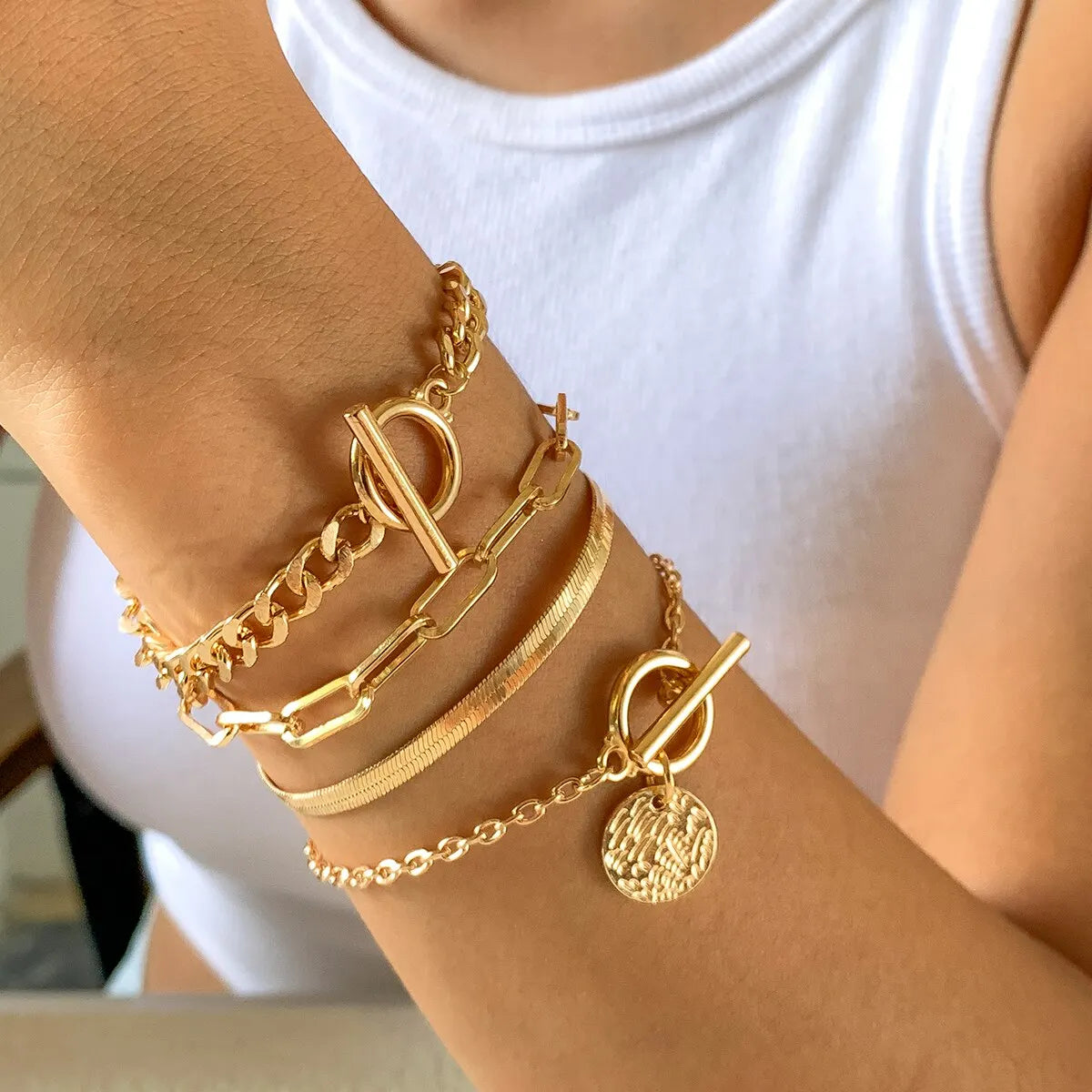 Punk Cuban Link Chain Coin Pendant Bracelet on Hand