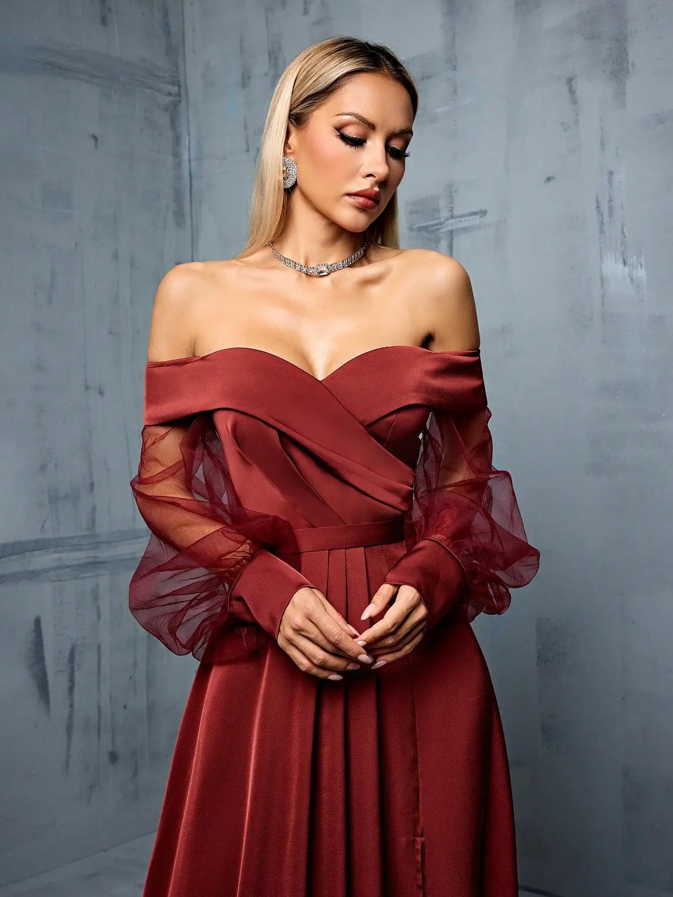 Off-Shoulder Mesh Satin Bridesmaid Gown