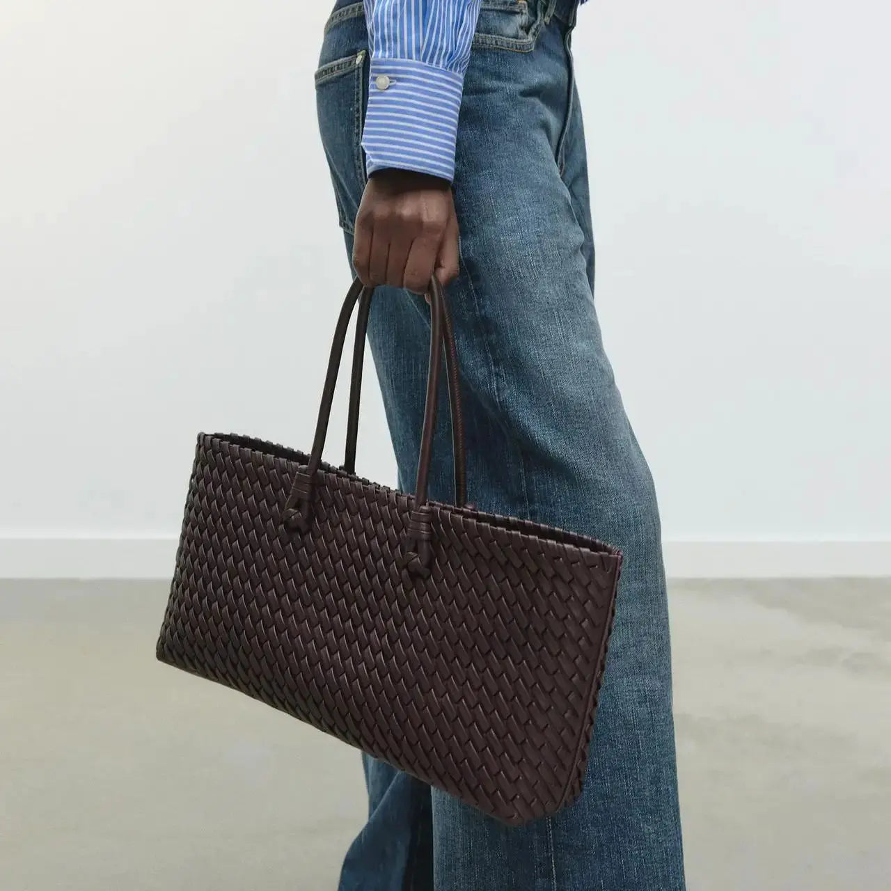 Elongated Woven Shopper Tote Bag for Women