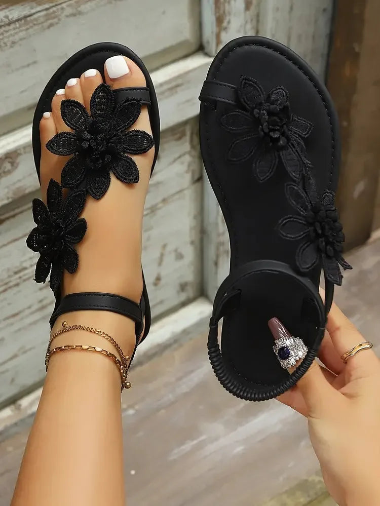 Summer Retro Elegant Sandals Floral Decorative Flat Bottom Sandals