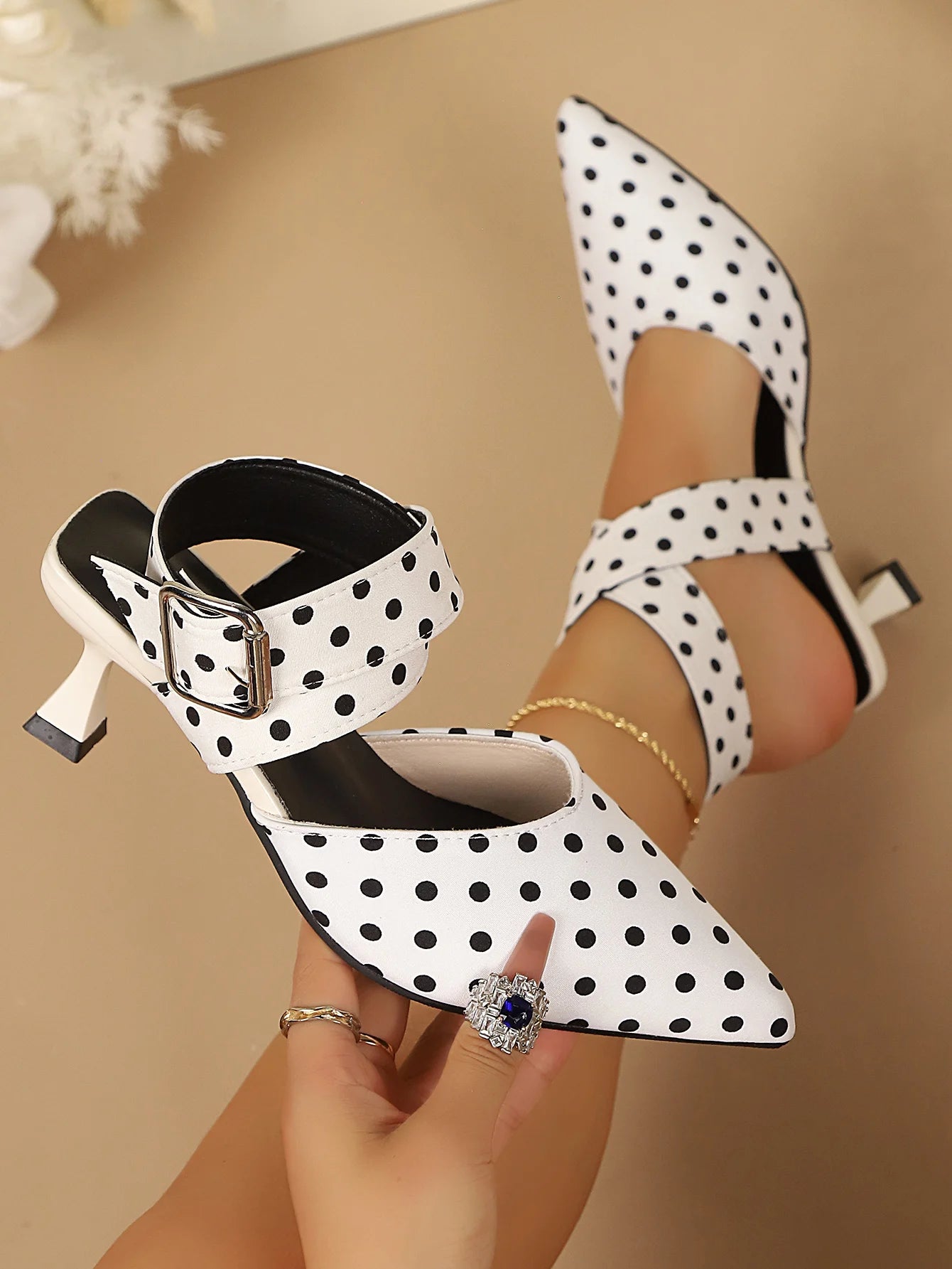 Ladies Cross-Band High Heels Sandals Thin Heel Summer New Polka Dot Slip-On Buckle Strap Elegant Footwear for Women