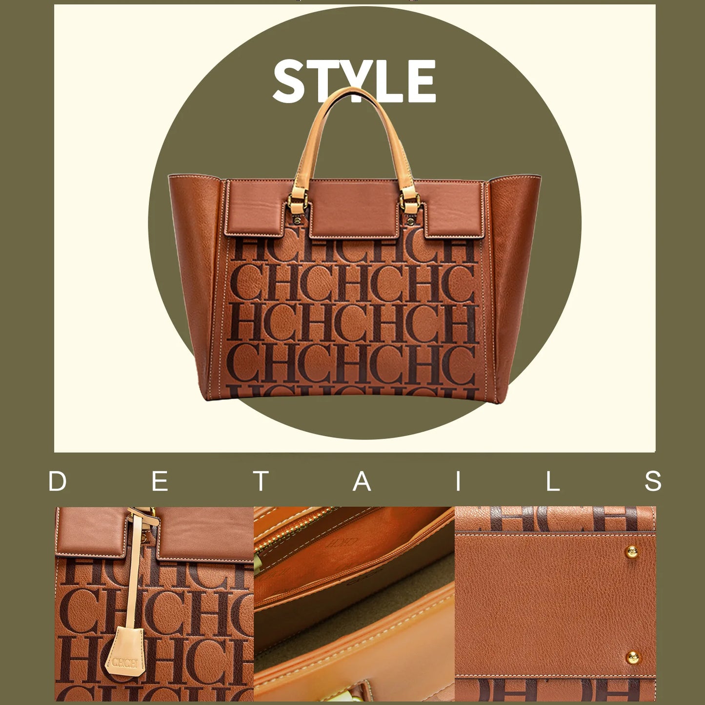 CH Embossed Detail Tote Women Trendy Handbag Top Handle Shoulder Shopper Urban Street Style Everyday Use