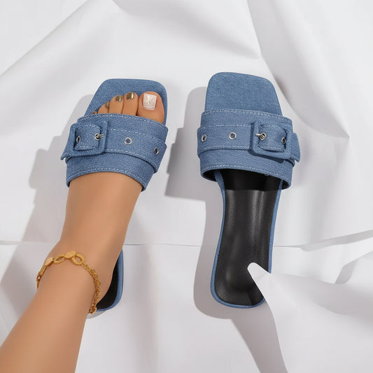 Denim Buckle Strap Slippers Simple Flat Sandals Female Slides