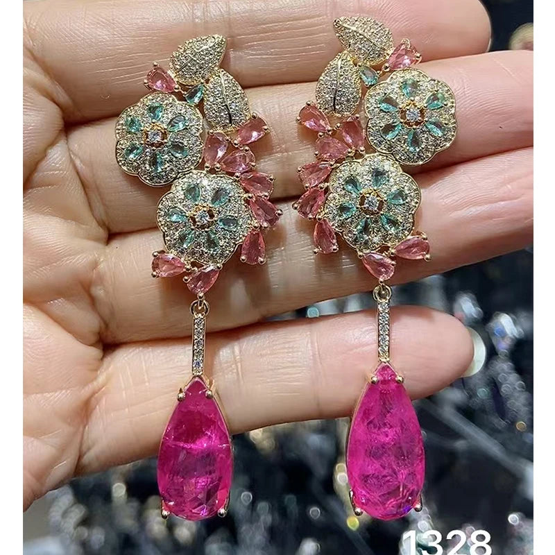 Colorful Purple Green Dangle Earrings for Women Luxury Jewelry Wedding Evening Party Big Drop Earrings Elegant Female Gift