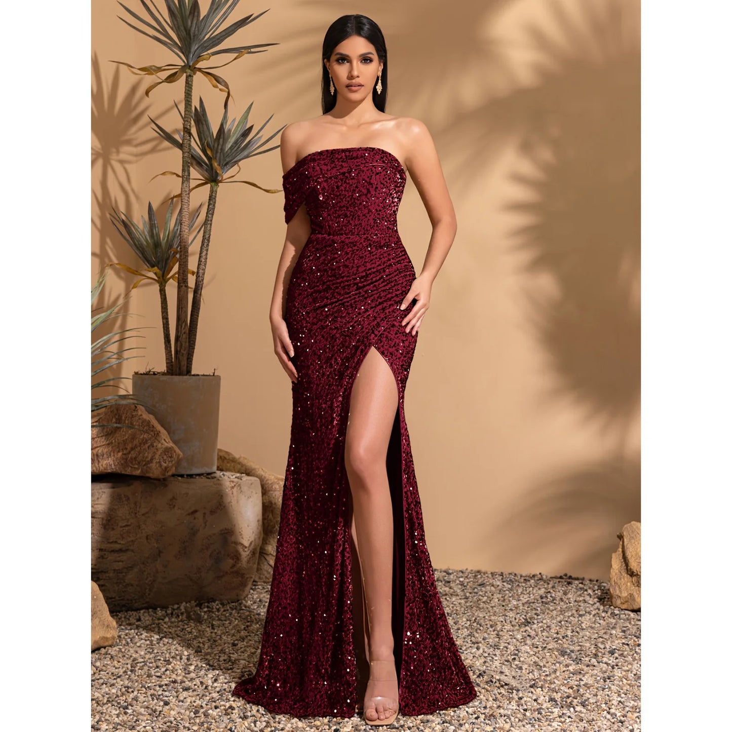 Off-the-shoulder asymmetrical sleeves slit sequined dress