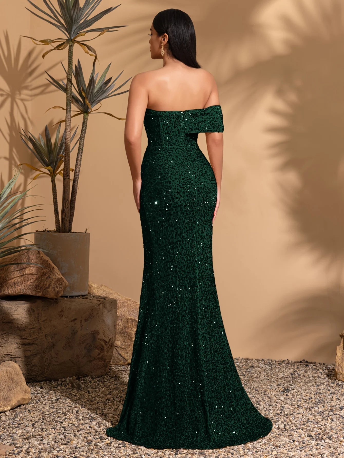 Off-the-shoulder asymmetrical sleeves slit sequined dress