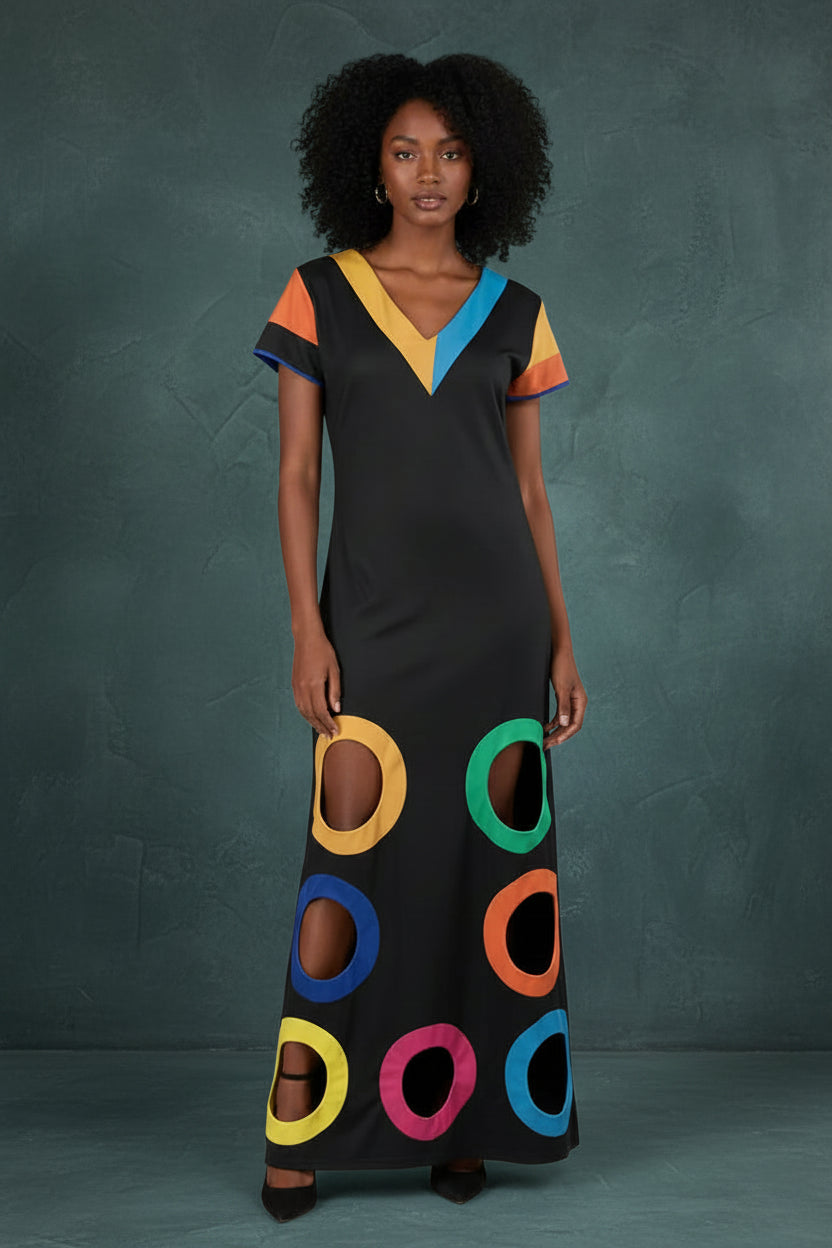 Colorful Circle Cutout Maxi Dress V Neck Short Sleeve