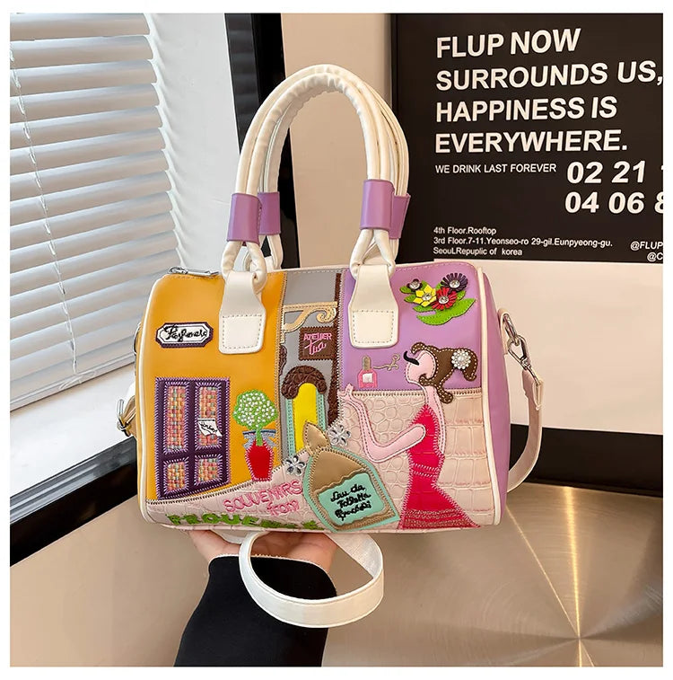 PU Personality Stylish Shoulder Bags Design Patchwork Zipper Bags