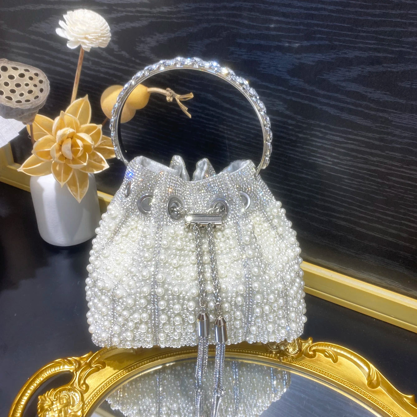 Multicolor Rhinestone Pearl Bucket Bag  luxury bags designers Ring Handle Drawstring Handle Evening Clutch For Wedding Party