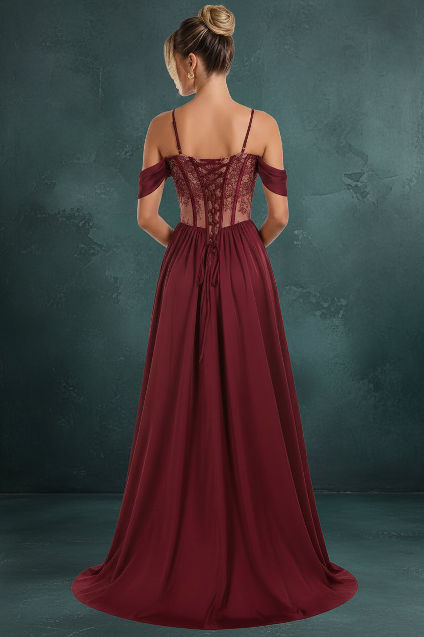 Off Shoulder Lace Applique Prom Dress