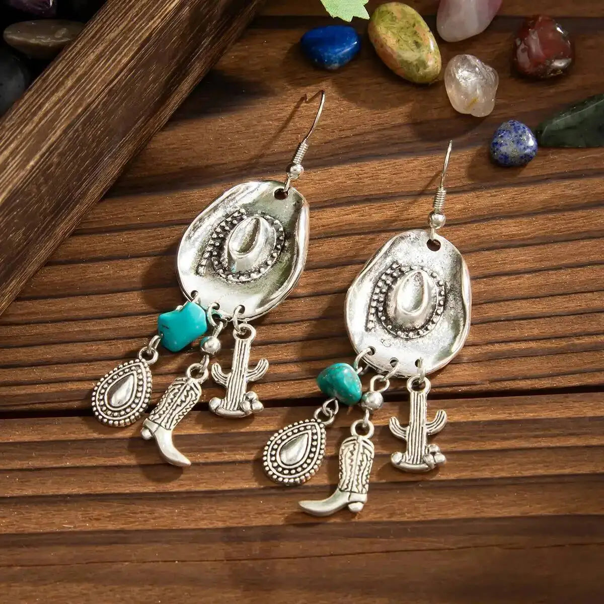 Vintage Cowboy Hat Boots Cactus Pendant Earrings Ethnic Waterdrop