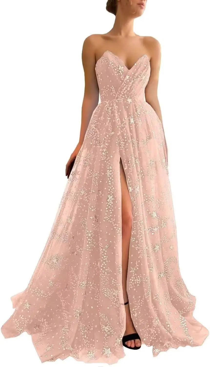 V Neck Women's Sparkle Starry Tulle Prom Dresses Strapless Slit Formal Evening Party Gowns Formal Dress Women Elegant