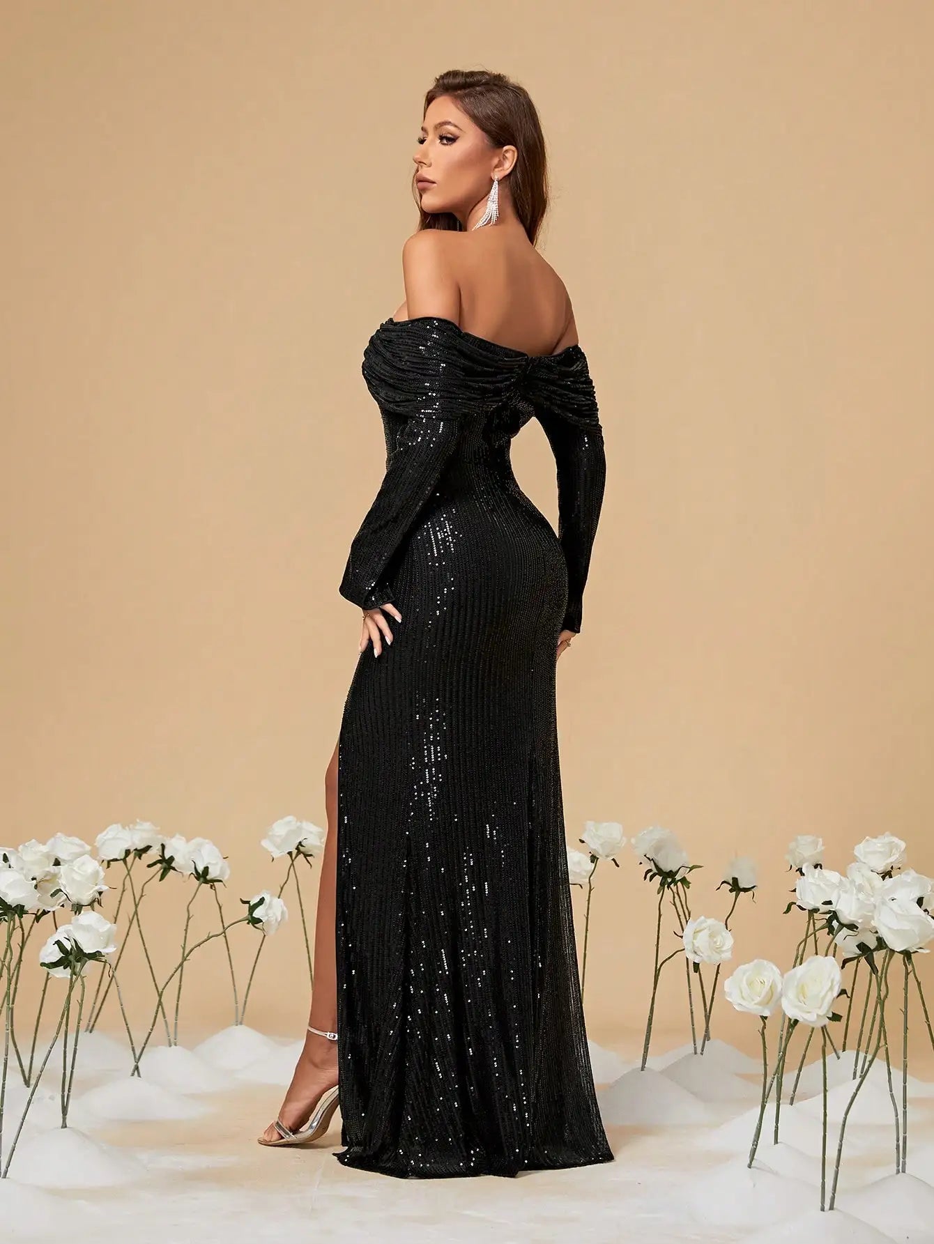 One Shoulder Sequin Slit Evening Dress