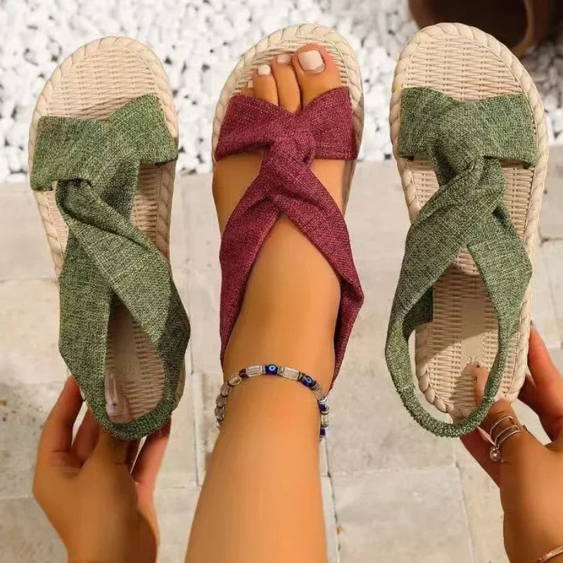 Summer Bohemian Style Sandals Comfortable Linen Cross-Tie Beach Lightweight