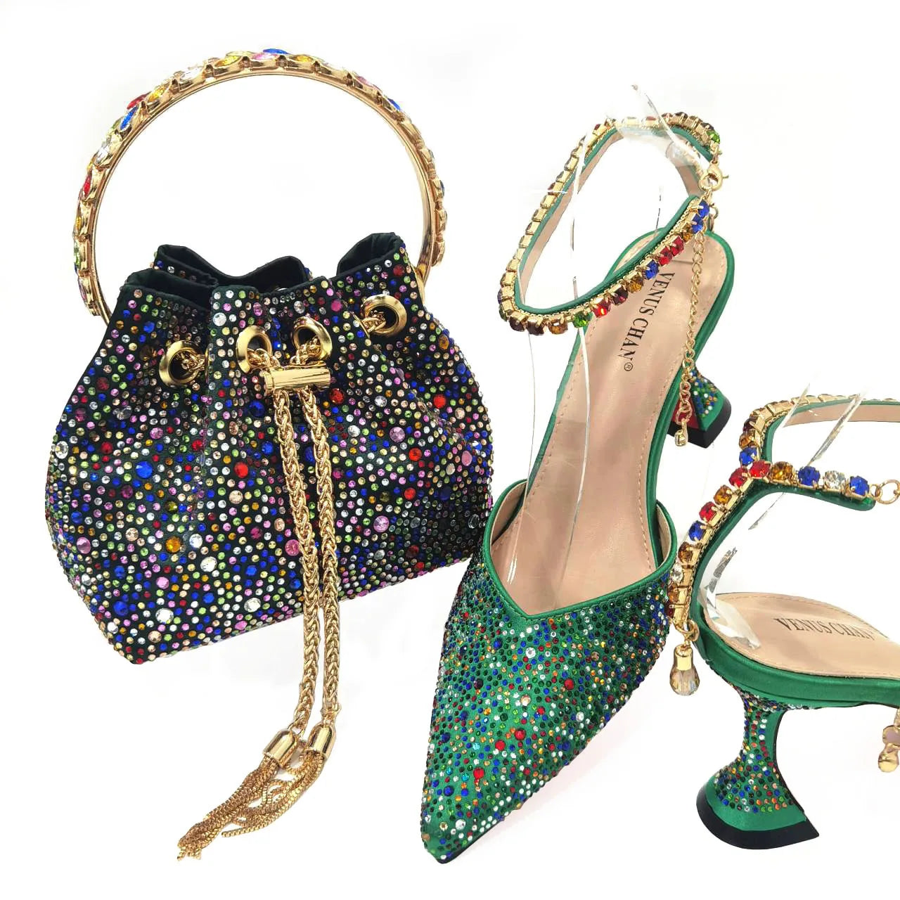 2024 Italian Design Luxury Women's Pointed Shoes And Bag Set Blue Full Diamond Decoration Shoes for Party