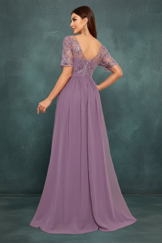 V-Neck Lace Chiffon Evening Dress