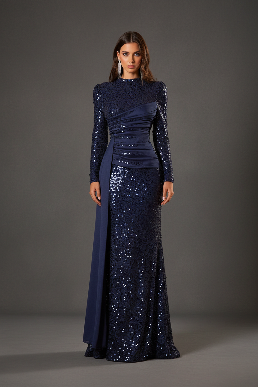 Navy Sequin Long-Sleeve Evening Gown