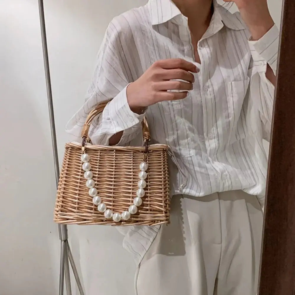 Handwoven Straw Tote Bag with Pearl Handle