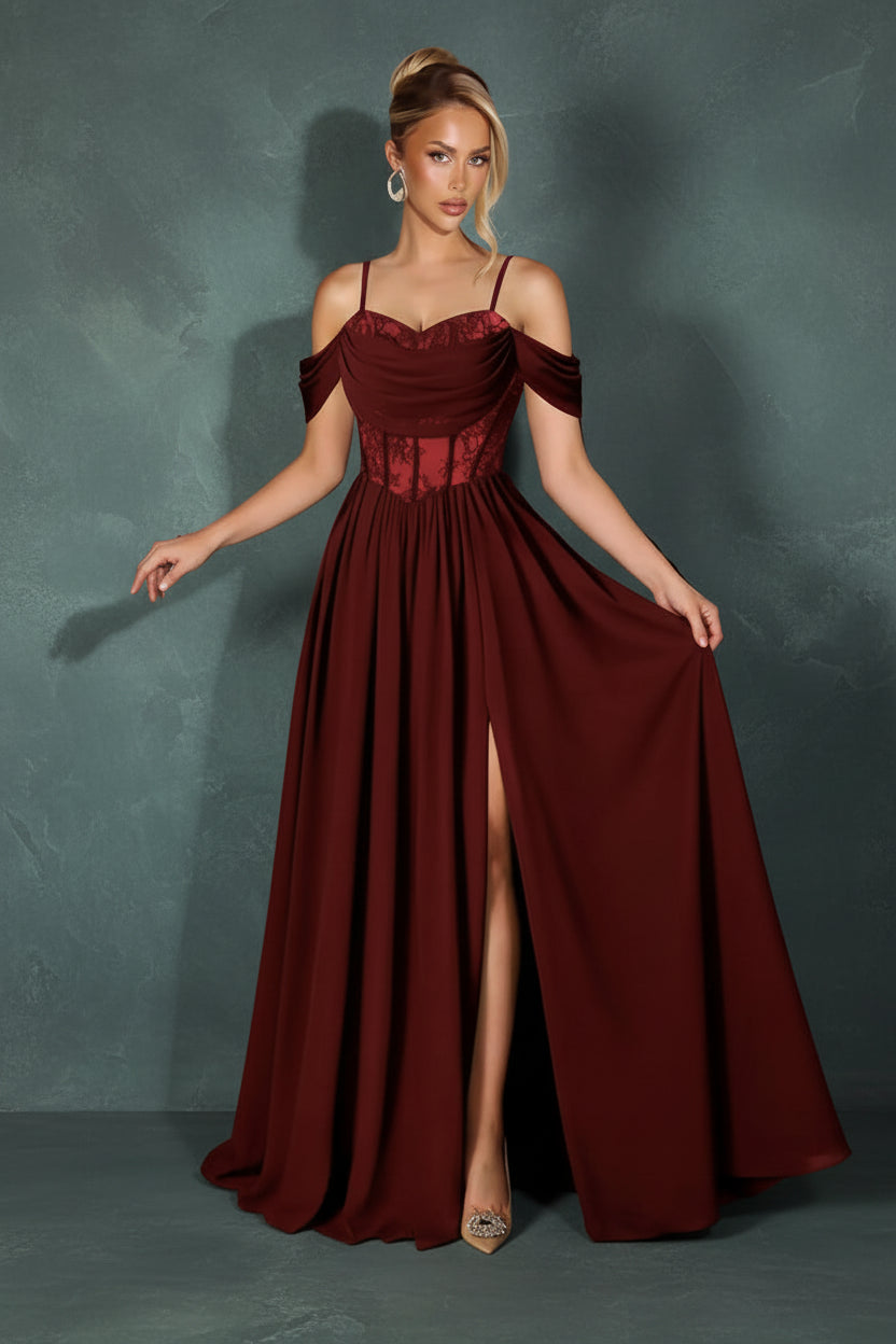 Off Shoulder Lace Applique Prom Dress