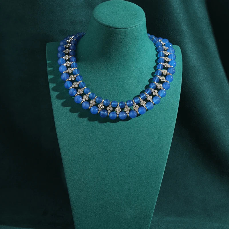 Vintage Blue Glass Double-Layer Choker Necklace