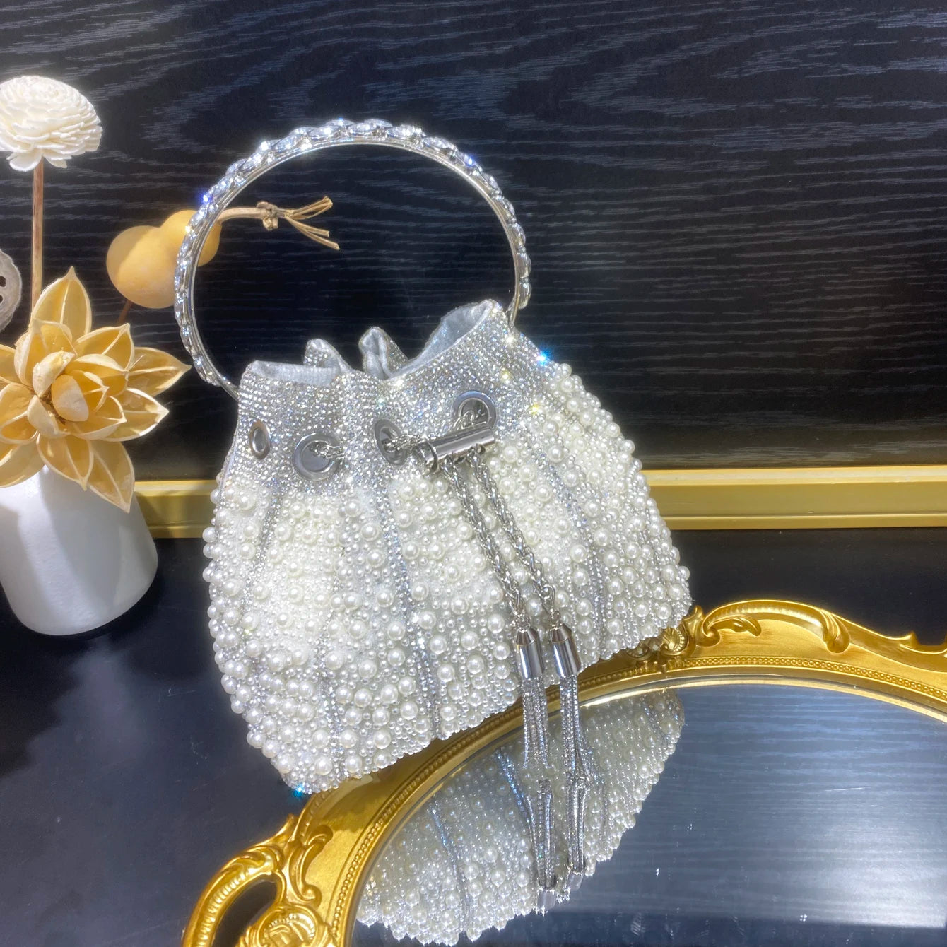 Multicolor Rhinestone Pearl Bucket Bag  luxury bags designers Ring Handle Drawstring Handle Evening Clutch For Wedding Party