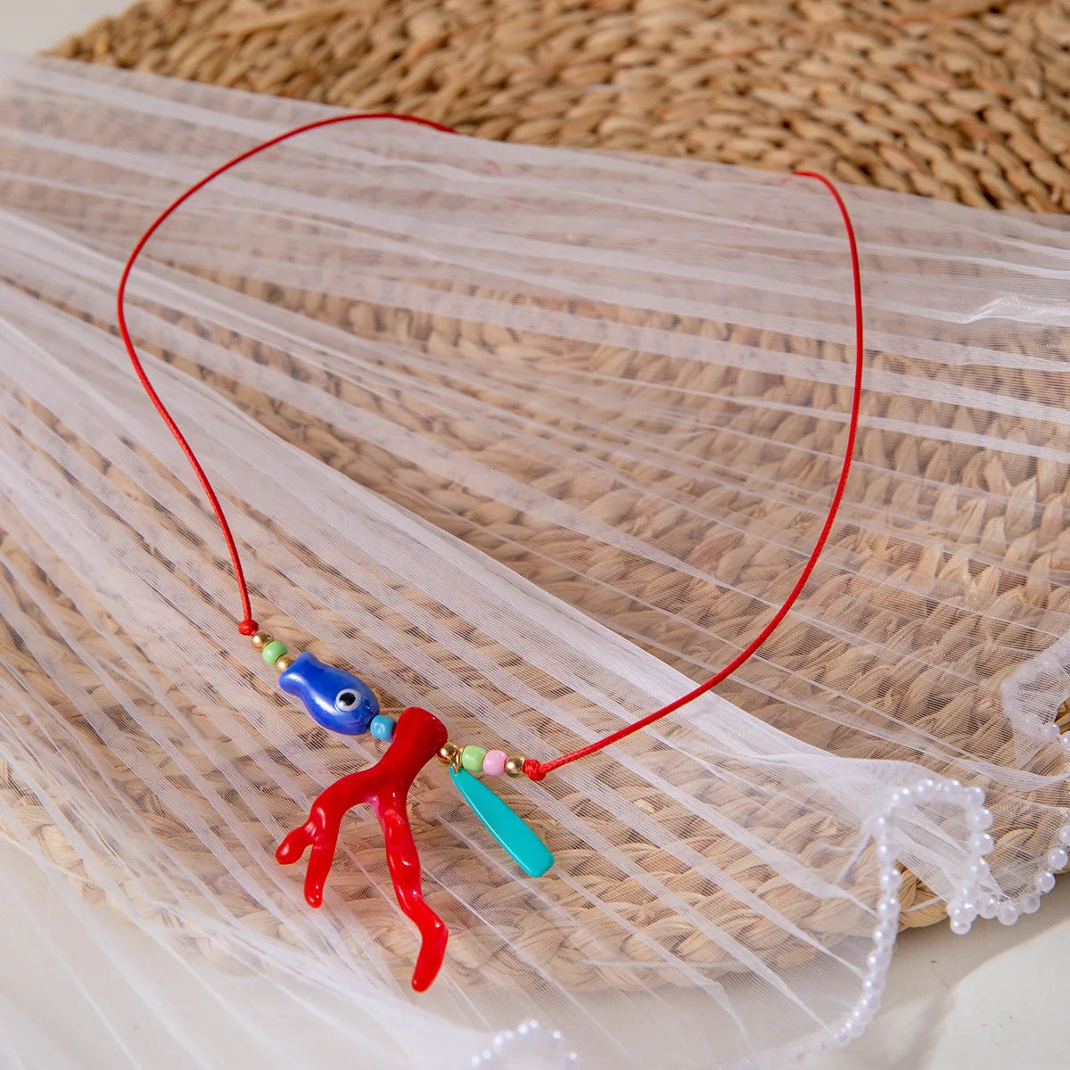 New Ocean Fish Coral Pendant Necklace Boho Colorful Handmade Braided Rope Adjustable Women Vacation Party Jewelry