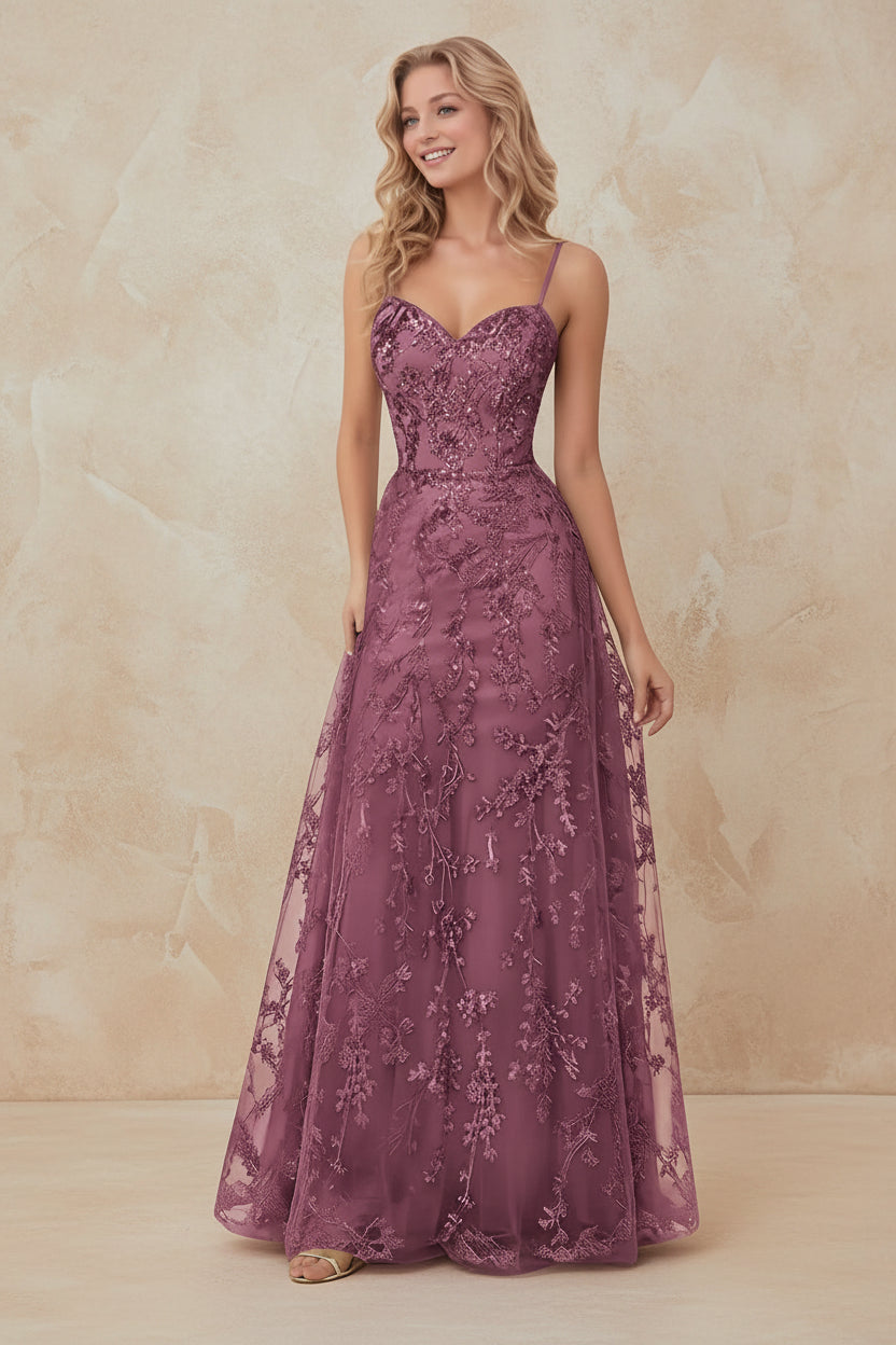Tulle Formal Dress Laces Spaghetti Strap Sparkly Prom Dress
