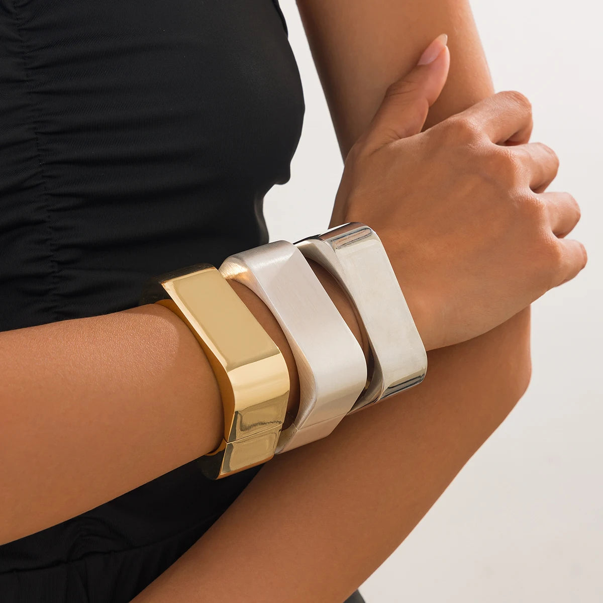 Simple Geometric Smooth Metal Cuff Bangles Trending Punk Gold Color Spring Bracelets